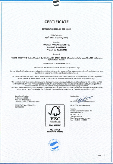 Roshan Packages Limited Achieves FSC Chain of Custody Certification for Sustainable Corrugated Packaging